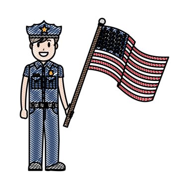 Doodle polis üniforması ile ve Amerika ABD vektör çizim bayrak