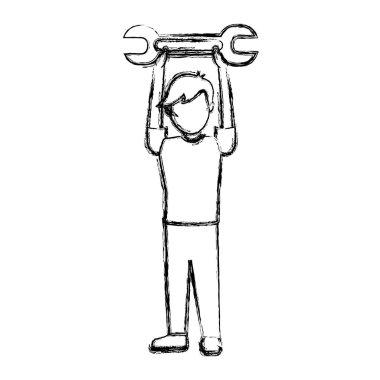 Grunge çocuk çocuk elinde anahtar ekipmanlar ile vektör çizim