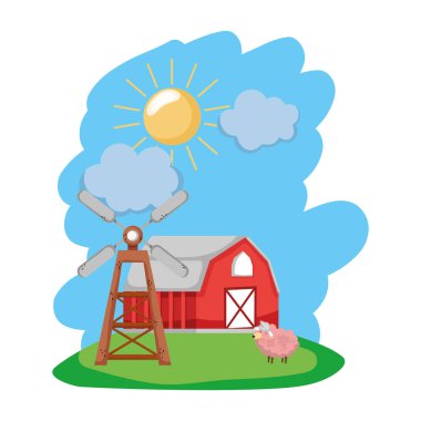 Ev grubu ile koyun hayvan ve yel değirmeni vektör çizim