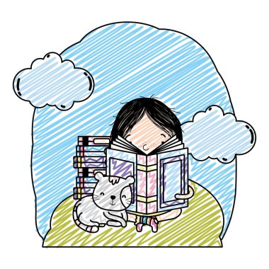 oturma ve peyzaj vektör çizim kedi ile kitap okuma kız doodle