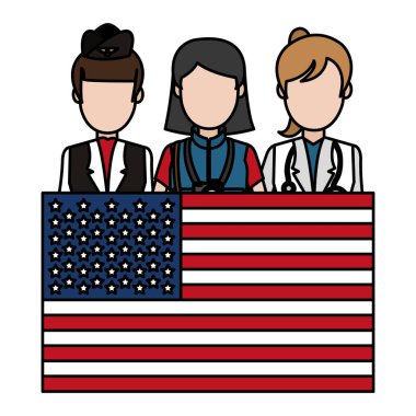 ABD bayrağı ile profesyonel kadınlar vatansever vektör çizim renk