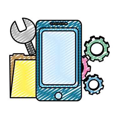 Sanayi ekipmanları ve klasör dosya vektör çizim ile Smartphone doodle