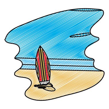 Doodle plaj sörf tahtası ve bahar hava manzara vektör çizim ile