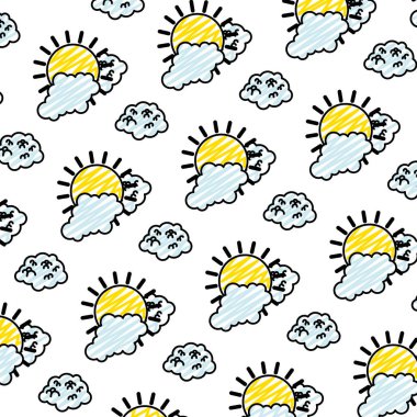parlak güneş ve kabarık bulutlar arka plan vektör çizim doodle