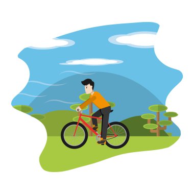 adam binmek bisiklet doğa manzara vektör çizim içinde