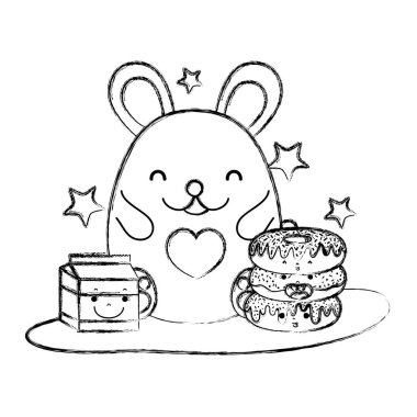 Grunge sevimli fare ile çörek ve süt kutusu vektör çizim