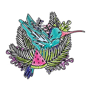 Doodle tropikal bitki yaprakları egzotik sinek kuşu vektör çizim ile