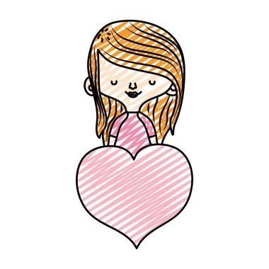 mutlu kadın saç modeli ile tutku kalp vektör çizim doodle