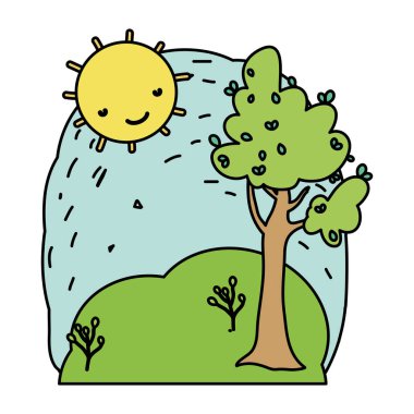 renk kawaii güneş hava ve ağaç manzara vektör çizim