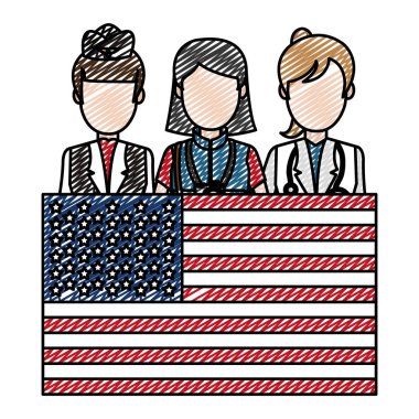 ABD bayrağı vatansever vektör çizim ile profesyonel kadınlar doodle