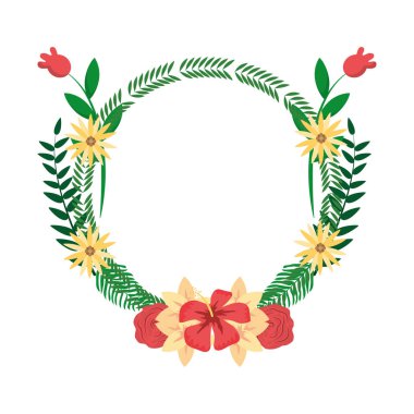 Daire tropikal çiçeklerle dalları ve yaprakları vektör çizim