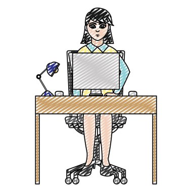 işkadını ofis oturma masası ve bilgisayar vektör çizim ile doodle