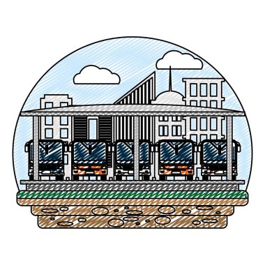 Doodle açık otobüs ulaşım ve şehir İstasyonu vektör çizim