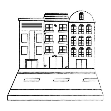 Grunge kentsel binalar wih pencere ve sokak şehir vektör çizim