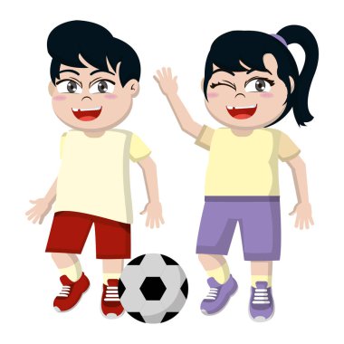 komik kız ve erkek çocukların futbol topu vektör çizim ile