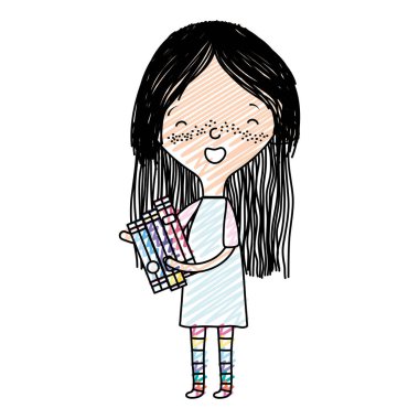 Kitaplar eğitim gülümsemek kız doodle ve vektör çizim elbise