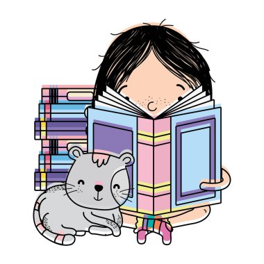 oturma ve kedi hayvan vektör çizim ile kitap okuma renkli kız