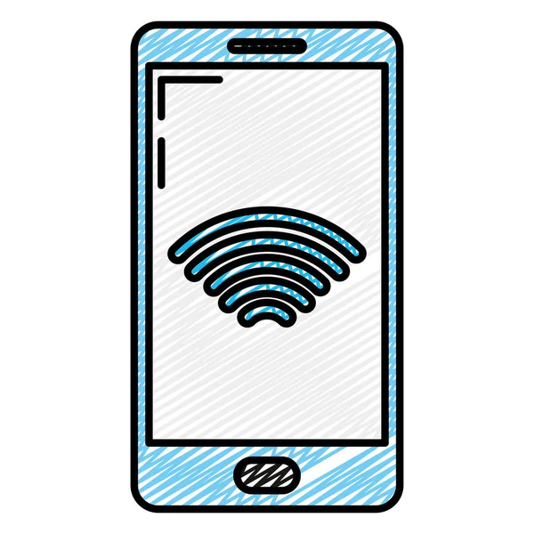 Doodle Smartphone Technologie Met Wifi Gegevens Apparaat Vectorillustratie — Stockvector