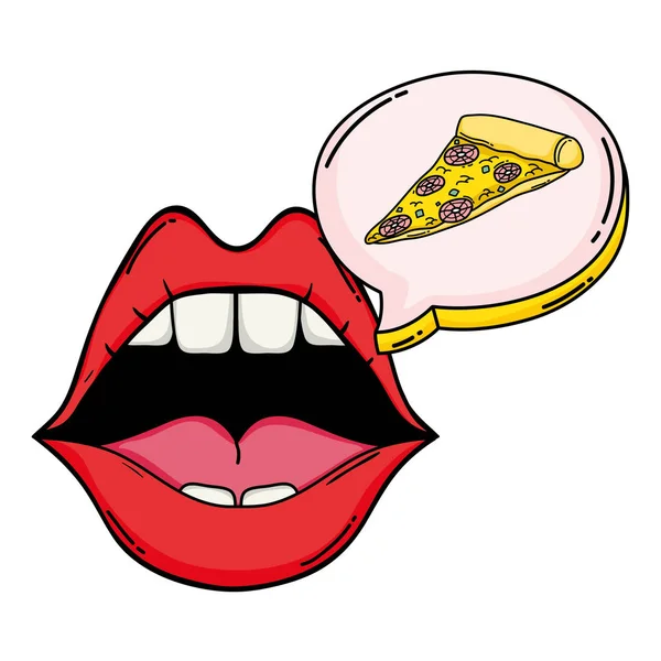 Pop Art Otwarte Usta Pizza Wewnątrz Ilustracji Wektorowych Bąbelek Czat — Wektor stockowy