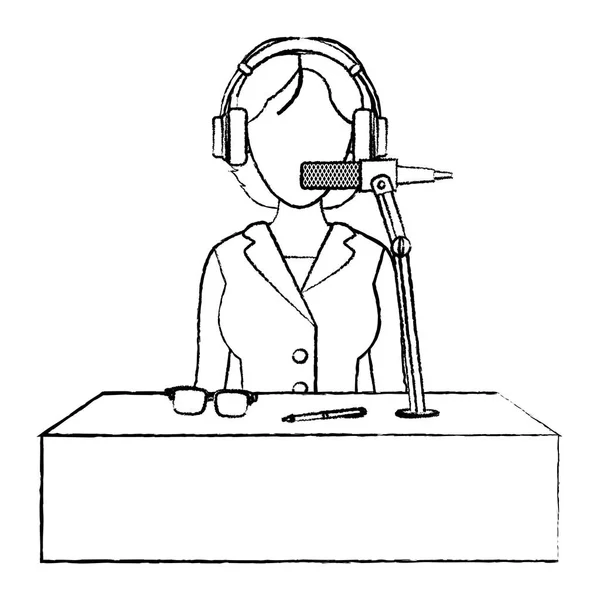 Grunge Elegantní Žena Reportér Sluchátka Mikrofon Vektorové Ilustrace — Stockový vektor