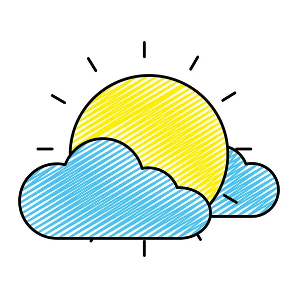 Doodle Shine Sonnenstrahl Mit Wolken Wettervektor Illustration — Stockvektor