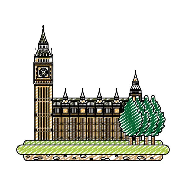 Doodle Londen Klokkentoren Met Bomen Landschap Vectorillustratie — Stockvector