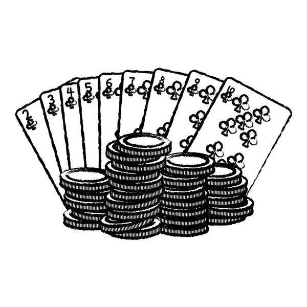 Grunge Casino Tréboles Cartas Juego Con Monedas Apuesta — Vector de stock