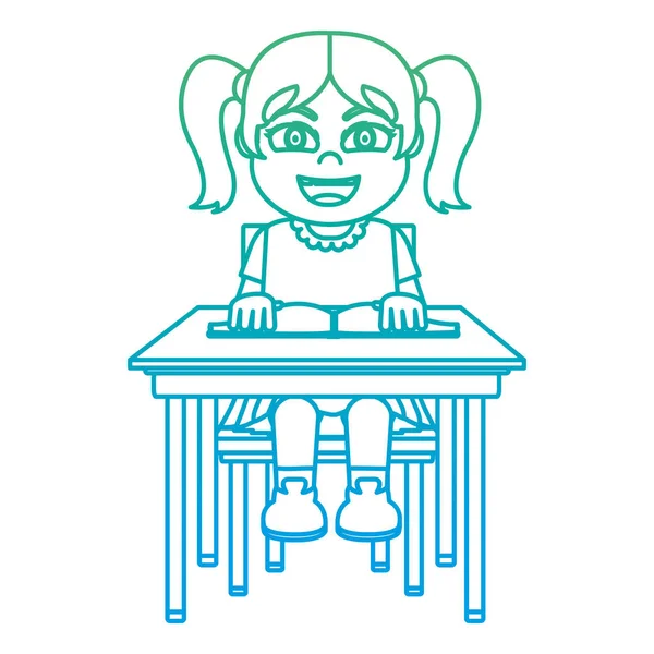 Degradado Linha Menina Sentado Cadeira Escola Com Livro Vetor Ilustração — Vetor de Stock