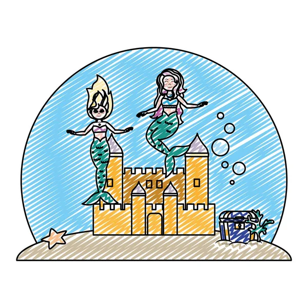 落書き美容人魚城と貴重品箱が付いている水の下でベクトル イラスト — ストックベクタ