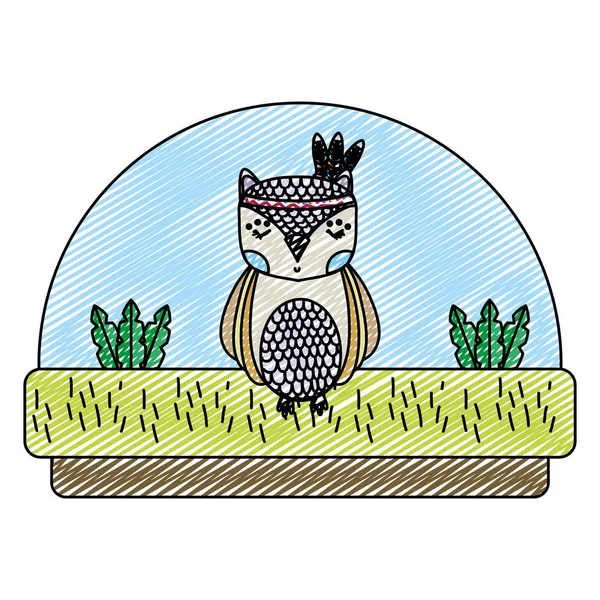 Doodle Owl Söta Djur Med Fjädrar Huvudet Vektorillustration — Stock vektor
