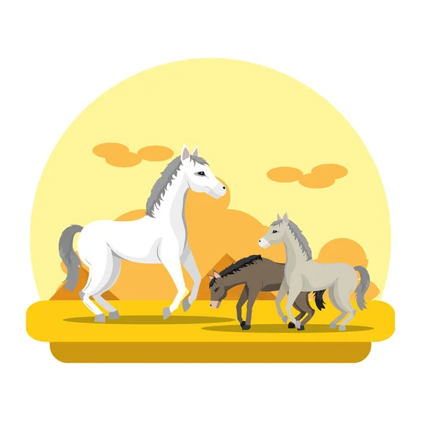 Natureza Cavalos Viajar Deserto Paisagem Vetor Ilustração — Vetor de Stock