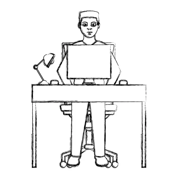 木製の机とコンピューターのベクトル図を持ったビジネスマンをエレガントなグランジ — ストックベクタ