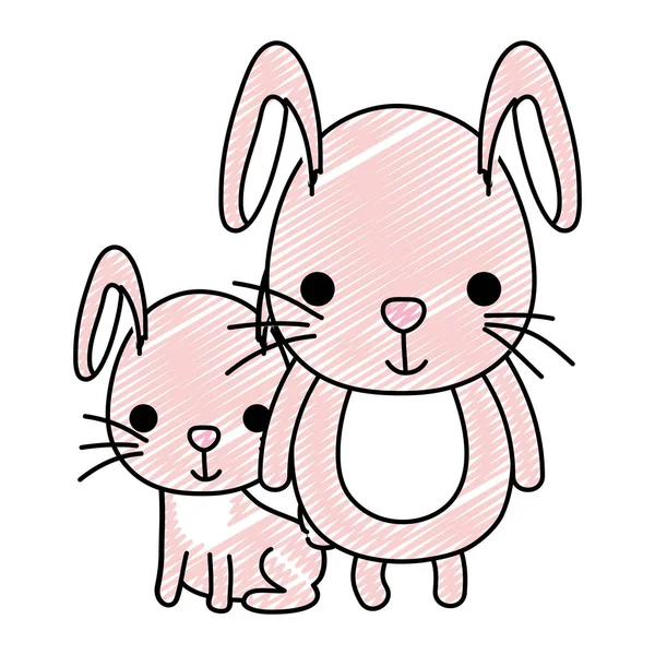 Doodle Conejo Padre Con Niño Lindo Animal Vector Ilustración — Vector de stock