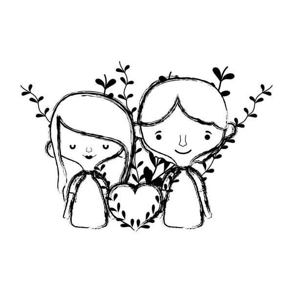 Grunge Couple Mignon Coeur Avec Branches Feuilles Illustration Vectorielle — Image vectorielle
