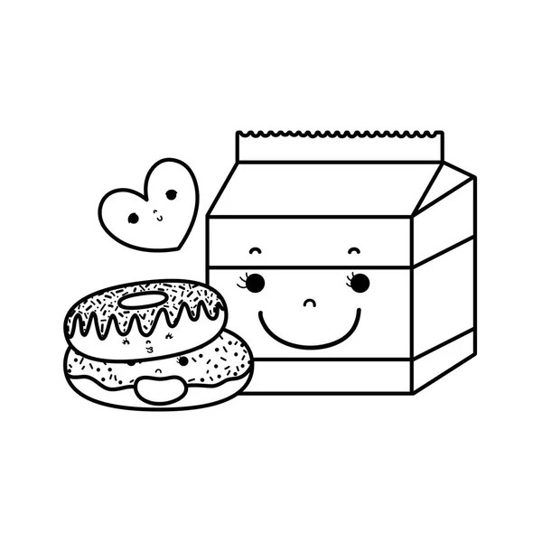Line Kawaii Donuts Med Mjölk Box Och Hjärta Vektorillustration — Stock vektor