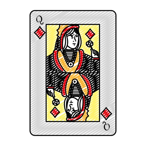 Doodle Królowej Diamond Karty Kasyno Gry Wektor Ilustracja — Wektor stockowy