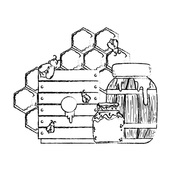 蜂と蜂蜜保全製品とグランジ ボトル ベクトル イラスト — ストックベクタ