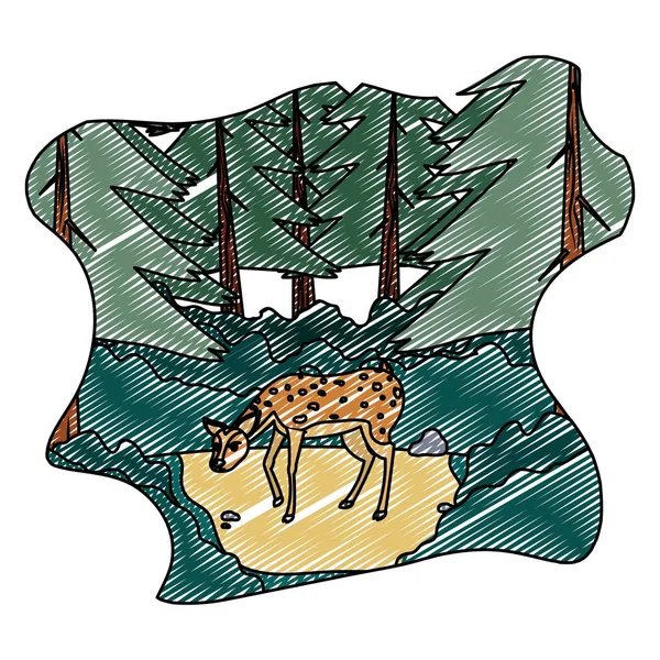 Doodle Bonito Cervo Fêmea Animal Paisagem Vetor Ilustração — Vetor de Stock