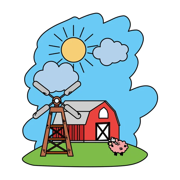 Ferme Maison Couleur Avec Des Moutons Animal Moulin Vent Vecteur — Image vectorielle