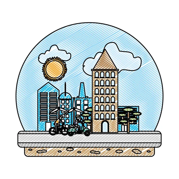 Doodle Ökologie Stadt Naturschutz Vektor Illustration — Stockvektor