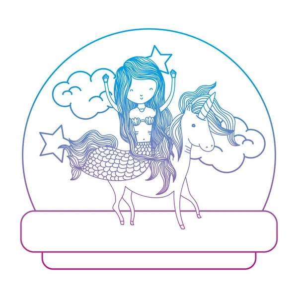Degraded Line Siren Woman Riding Cute Unicorn Vector Illustration — Stock Vector