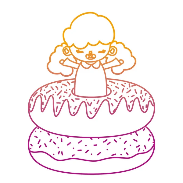 Línea Degradada Niña Feliz Niña Con Donuts Dulce Vector Ilustración — Vector de stock