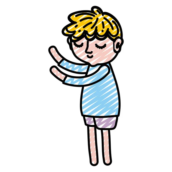 Doodle Chłopiec Dziecko Śpiące Piżamy Stojący Wektor Ilustracja — Wektor stockowy