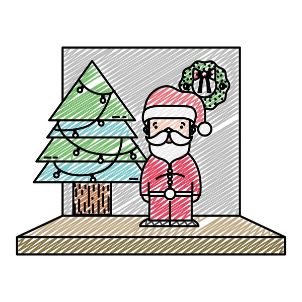 Doodle Jultomten Med Pine Tree Lampor Vektorillustration — Stock vektor