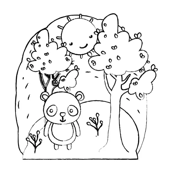 Grunge Cute Panda Wild Animal Landscape Vector Illustration — Stock Vector