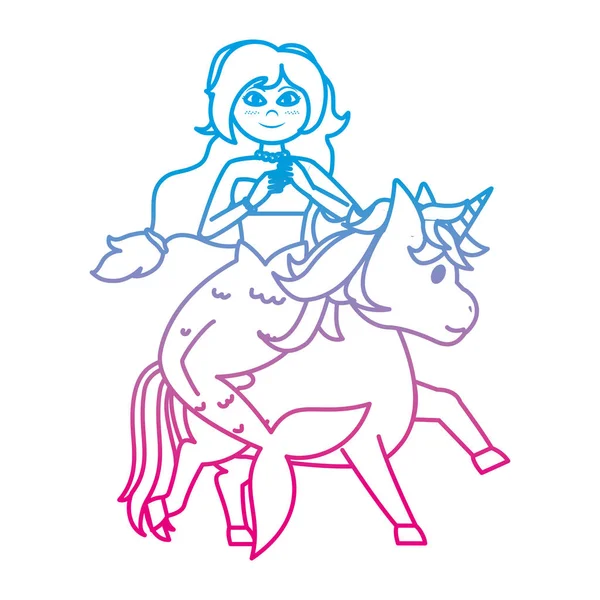 Ligne Dégradée Beauté Sirène Femme Équitation Licorne Vecteur Illustration — Image vectorielle