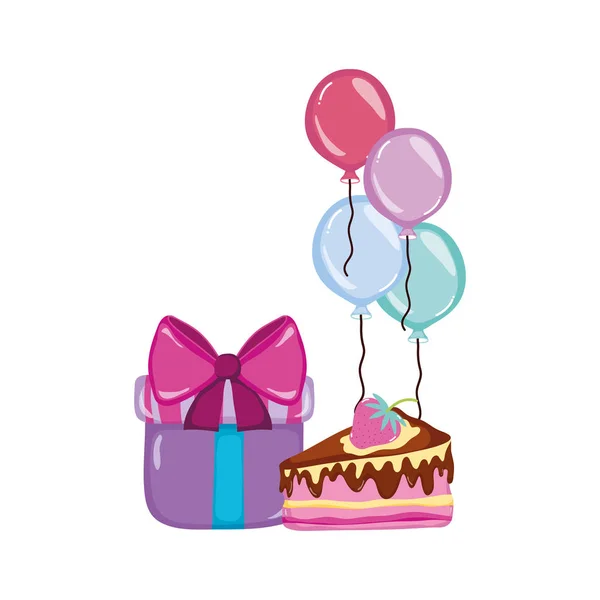 Obecny Ofiara Ciasta Balony Urodziny Strony Wektor Ilustracja — Wektor stockowy