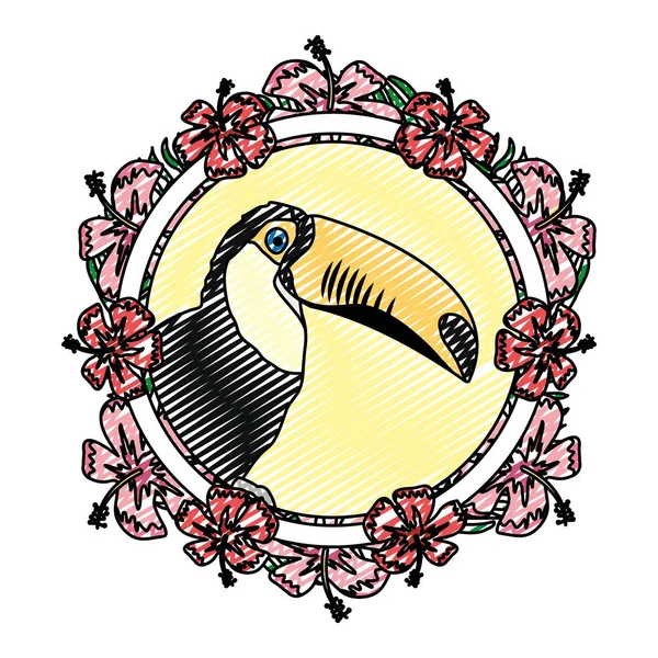 Hewan Doodle Pelican Dalam Lingkaran Bunga Cabang Vektor Ilustrasi - Stok Vektor