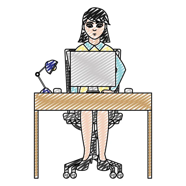 Doodle Sièges Bureau Femme Affaires Avec Bureau Illustration Vectorielle Ordinateur — Image vectorielle