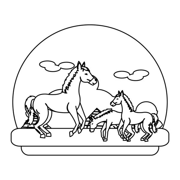 Linha Natureza Cavalos Viajar Deserto Paisagem Vetor Ilustração — Vetor de Stock